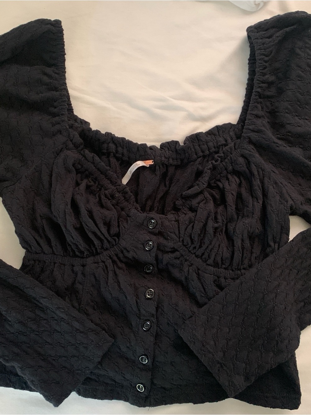 Free People Black Ladybug Puff Sleeve Crop Top Button-down Square Neck Top
